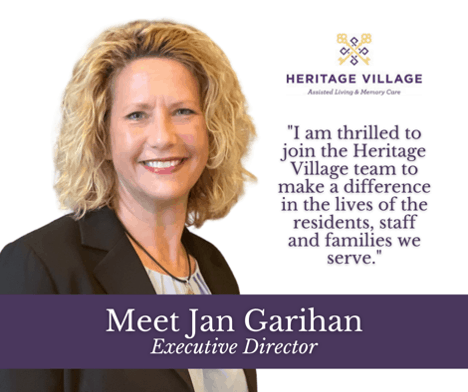Jan Garihan, new Executive Director at Heritage Village, smiling with introductory message.