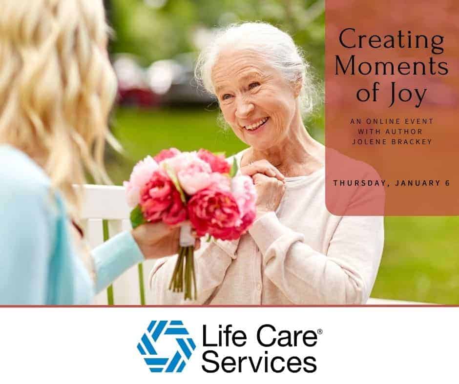 Elderly woman smiling and holding a bouquet of flowers with event info about Creating Moments of Joy.