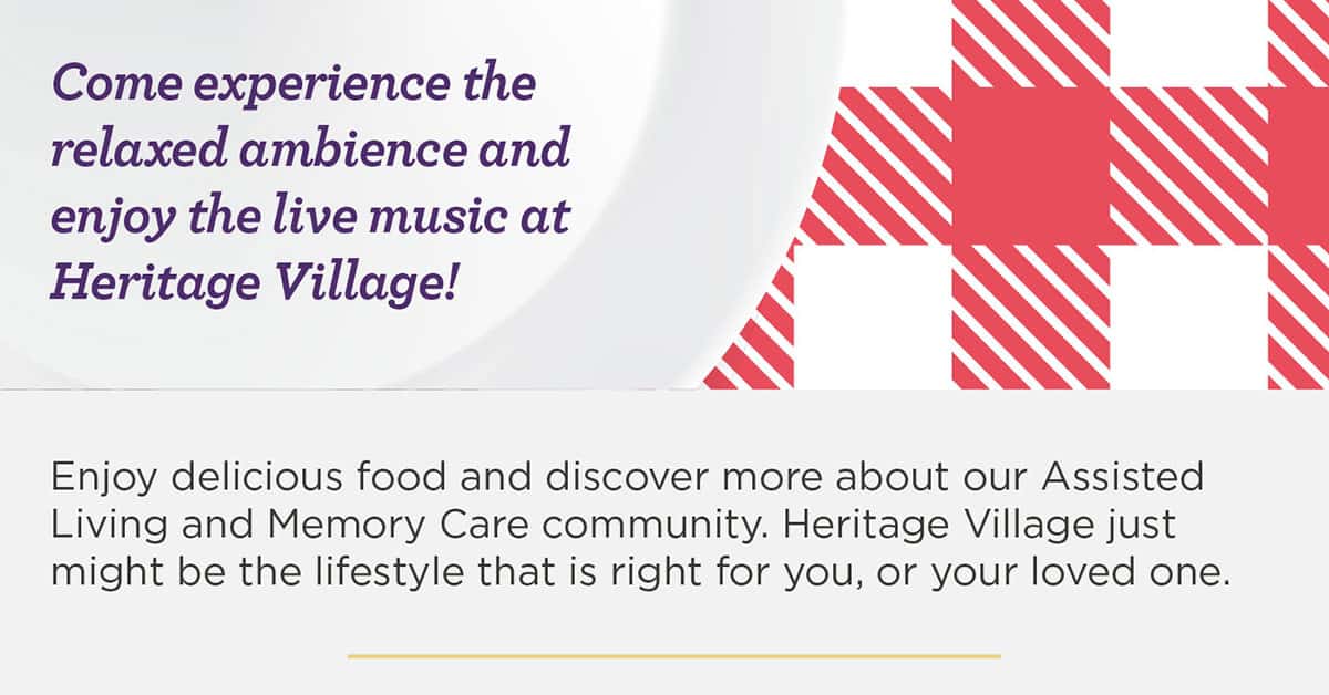 Invitation to experience the ambience, live music, and delicious food at Heritage Village.