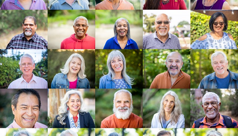 Collage of smiling residents from a senior living community in various outdoor settings.