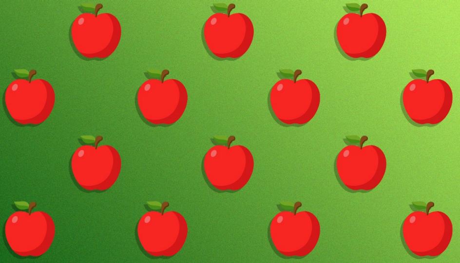 Pattern of red apples on a green background representing health and nutrition.