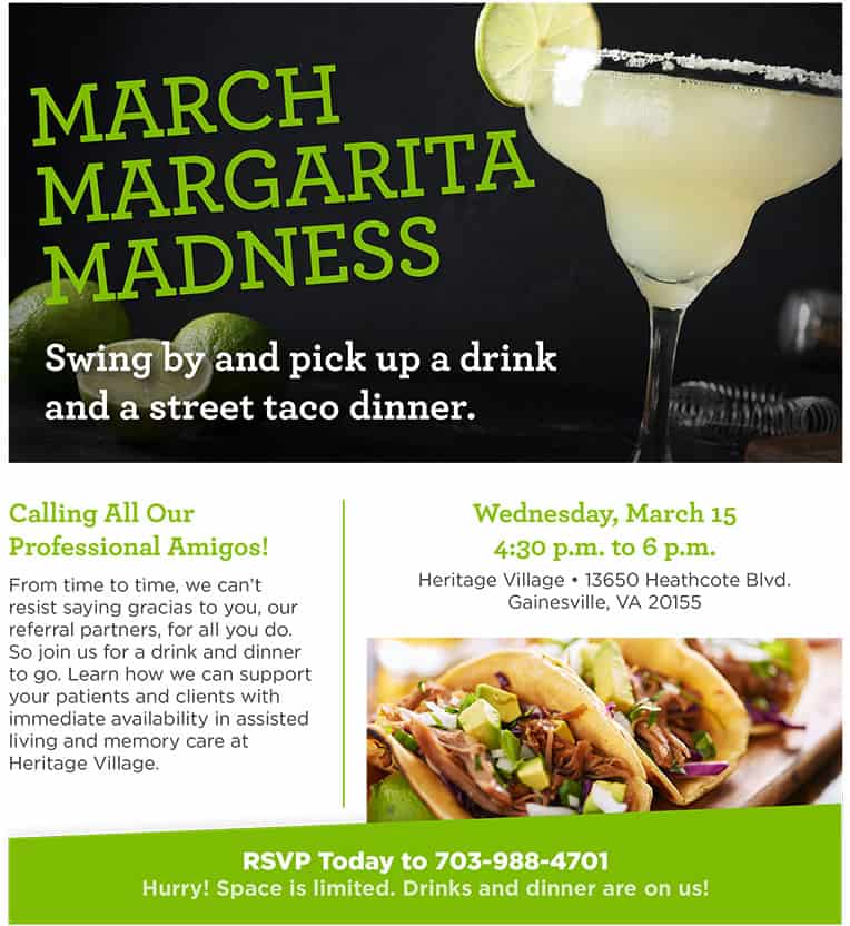 Flyer for March Margarita Madness event with margarita image, taco image, and event details.