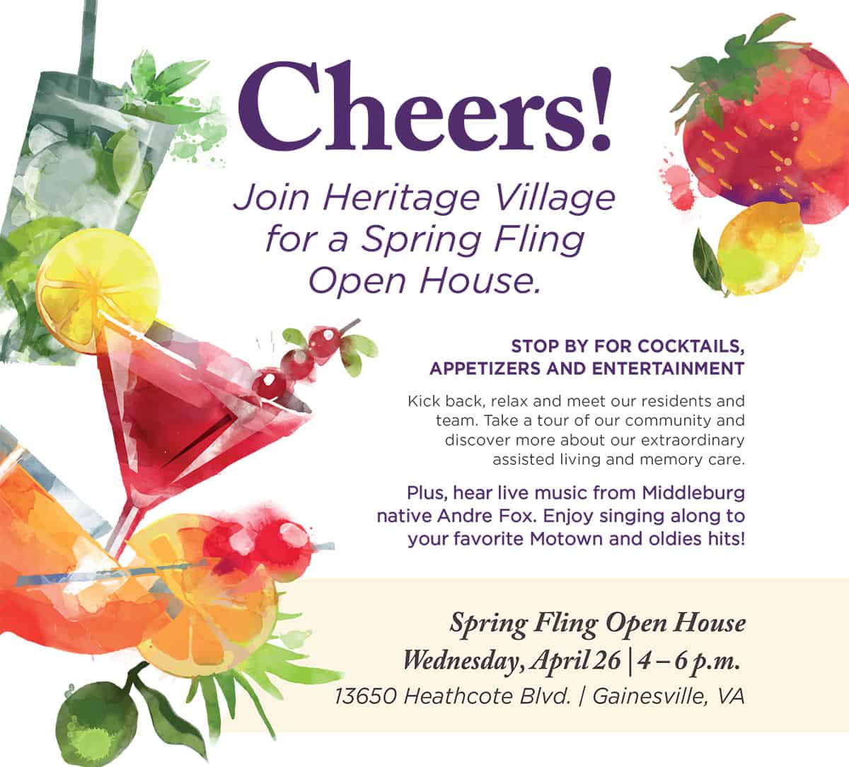 Spring Fling Open House at Heritage Village with cocktails and live music on April 26, 4-6 p.m.