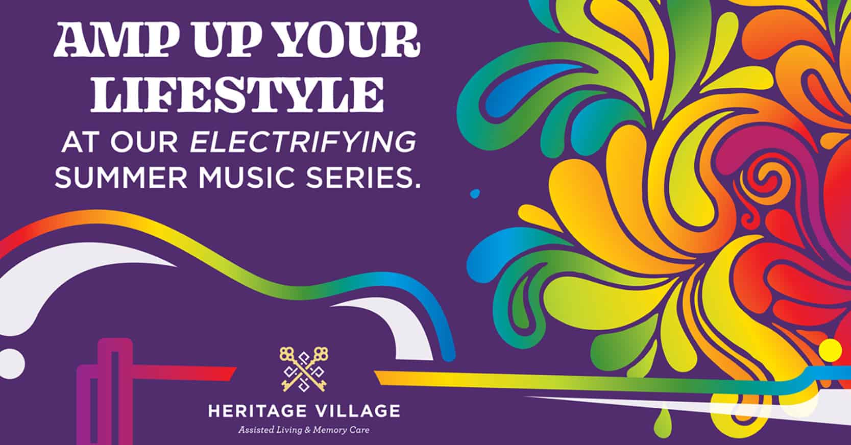 Colorful flyer for Heritage Villages electrifying summer music series event for residents.