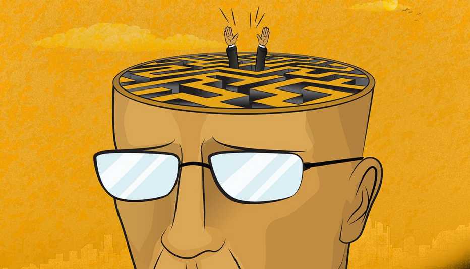 Illustration of a mans head with a maze on top and hands rising from inside, signifying confusion.