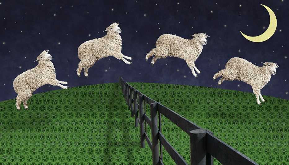 Four sheep jumping over a fence on a grassy hill under a night sky with stars and a crescent moon.