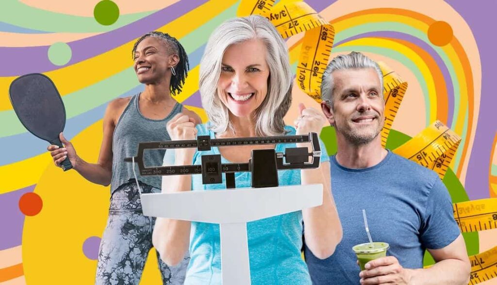 Three active seniors: woman with paddle, woman with scale, man with smoothie on colorful background