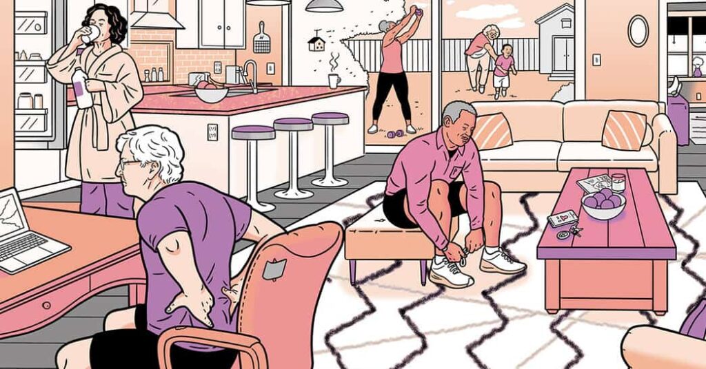 Illustration of seniors engaging in various activities within a residential living unit.