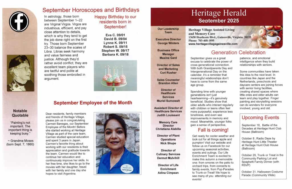 September Heritage Village Newsletter front page